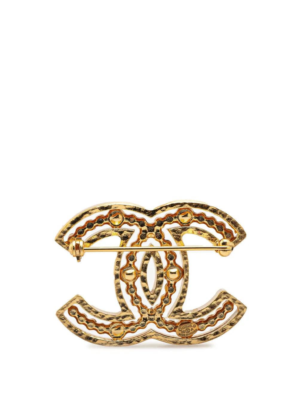Pre-owned Chanel 2002 Gold Plated Faux Pearl Cc Brooch Costume Brooch