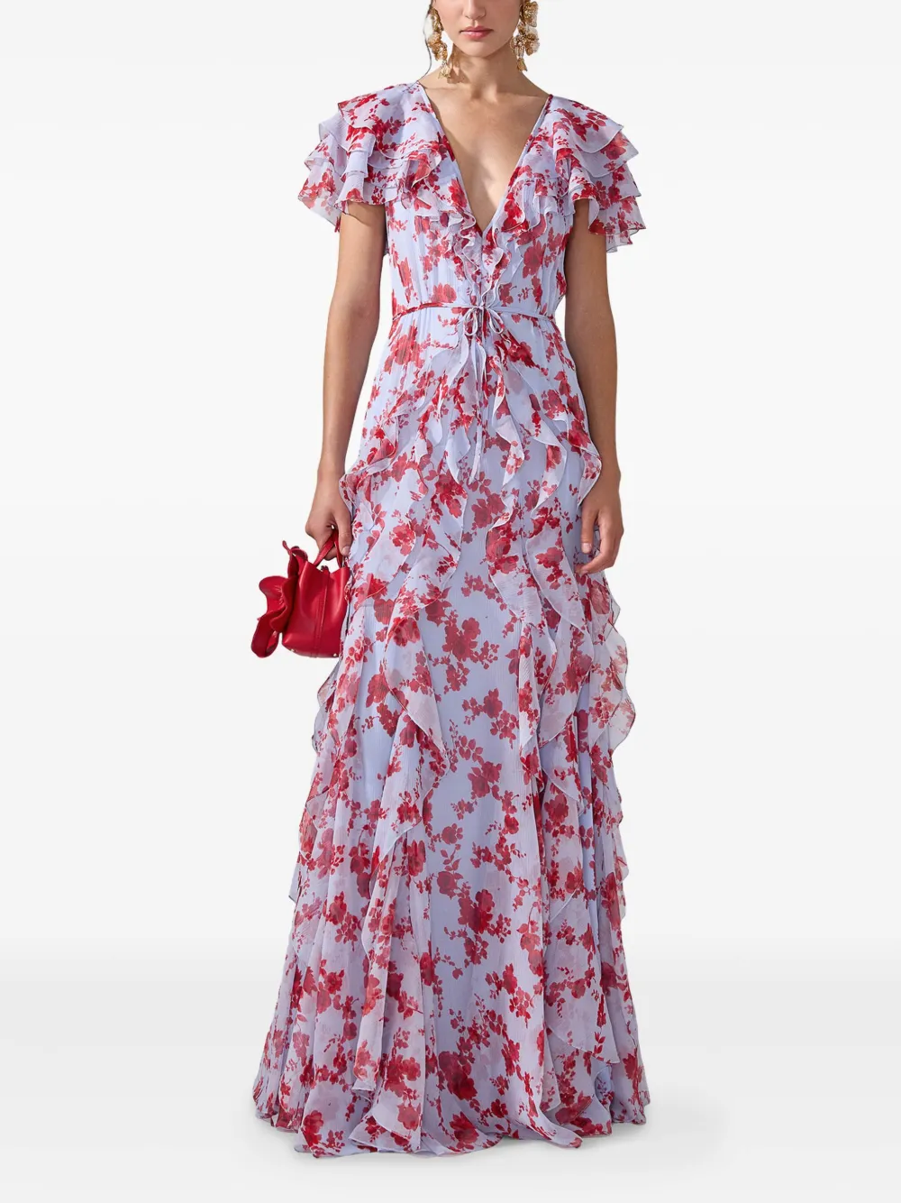 Carolina Herrera Avondjurk met bloemenprint en ruches - Blauw