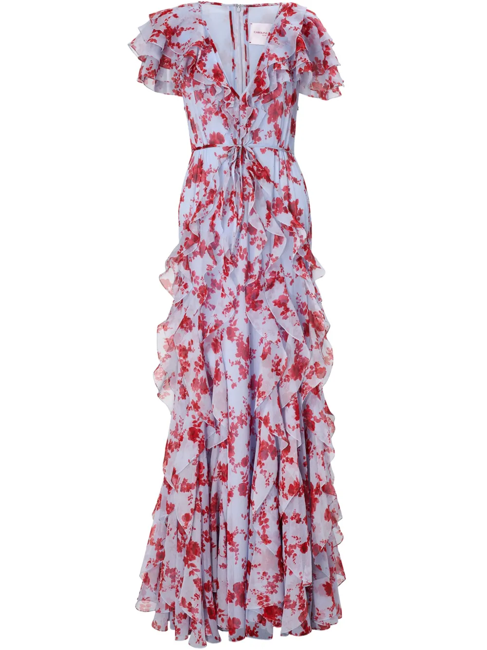 Carolina Herrera Avondjurk met bloemenprint en ruches Blauw