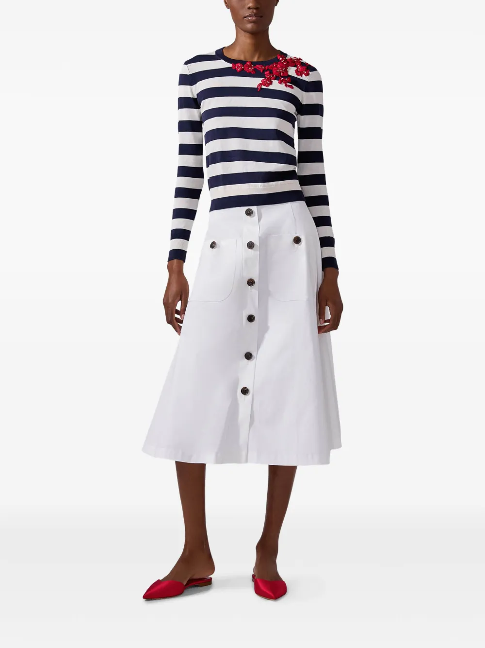 Shop Carolina Herrera Floral-embroidered Striped Top