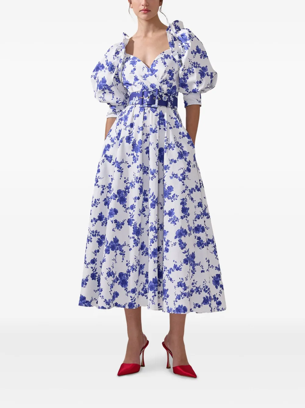 Carolina Herrera Midi-jurk met ballonmouwen en bloemenprint - Wit