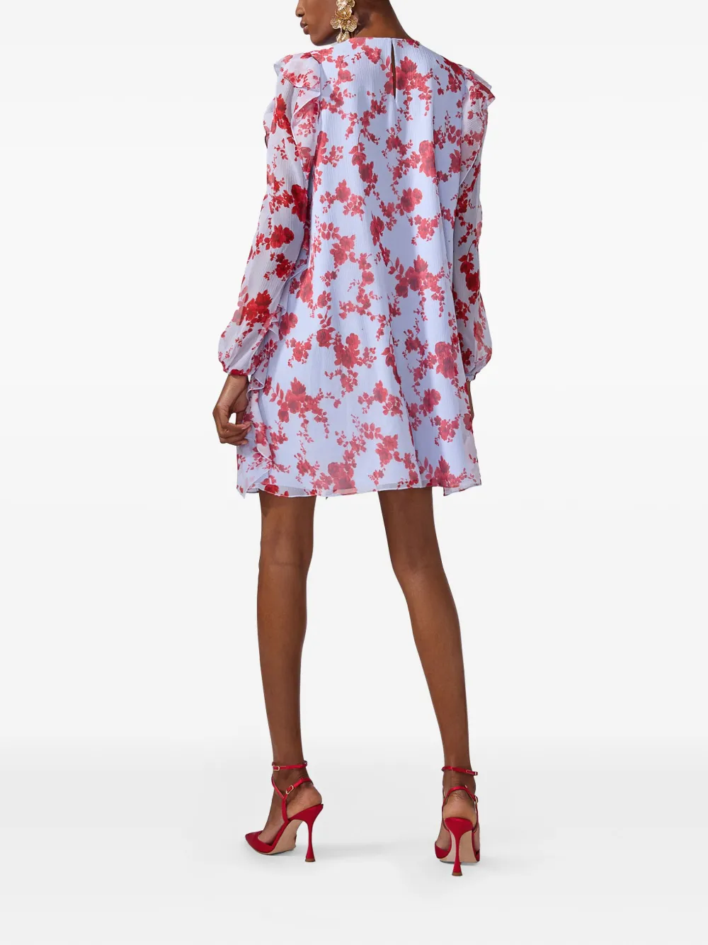 Carolina Herrera Floral Print Long Sleeve Tiered Ruffle Silk Chiffon Minidress In 蓝色