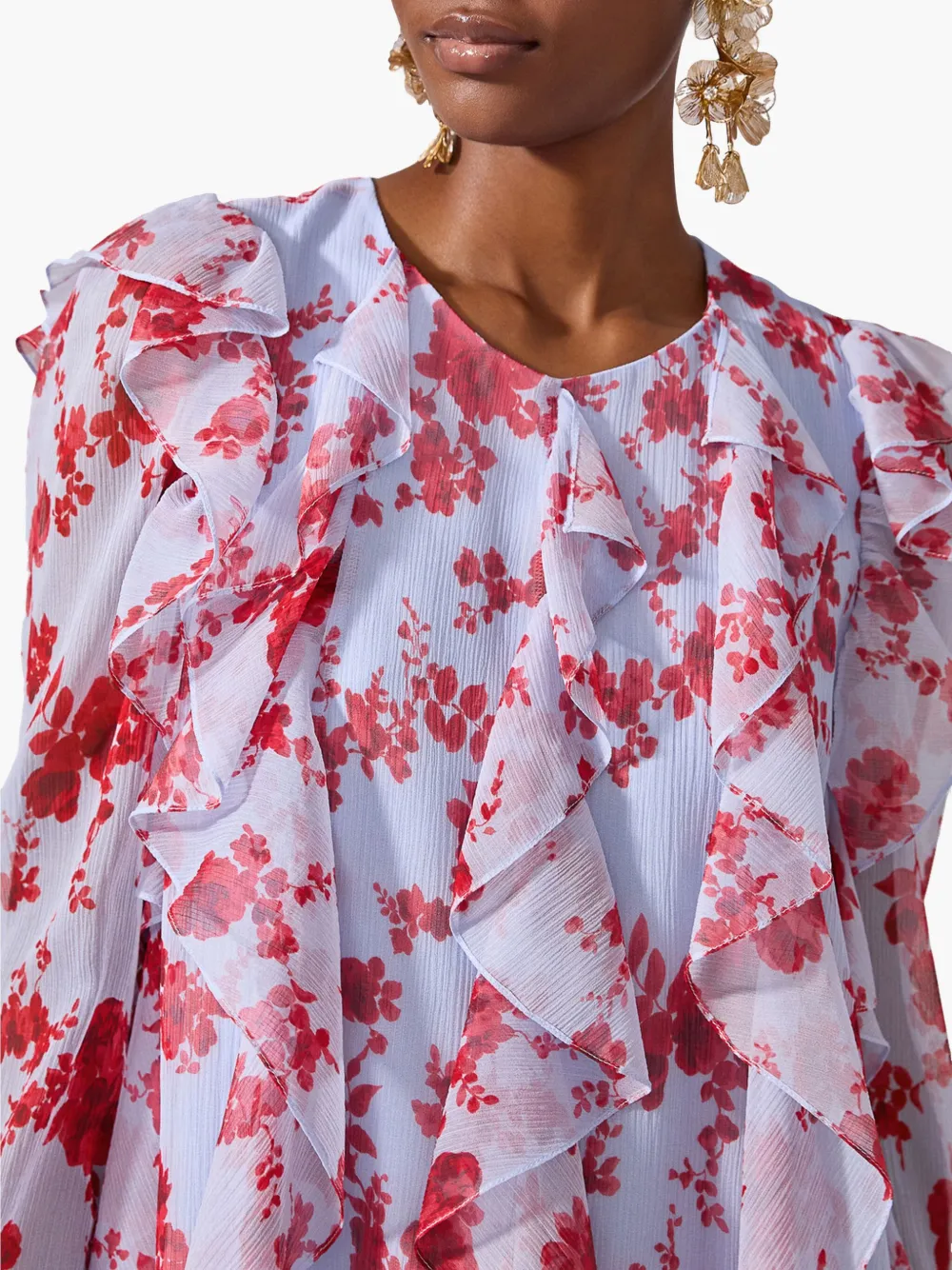 Carolina Herrera Floral Print Long Sleeve Tiered Ruffle Silk Chiffon Minidress In 蓝色