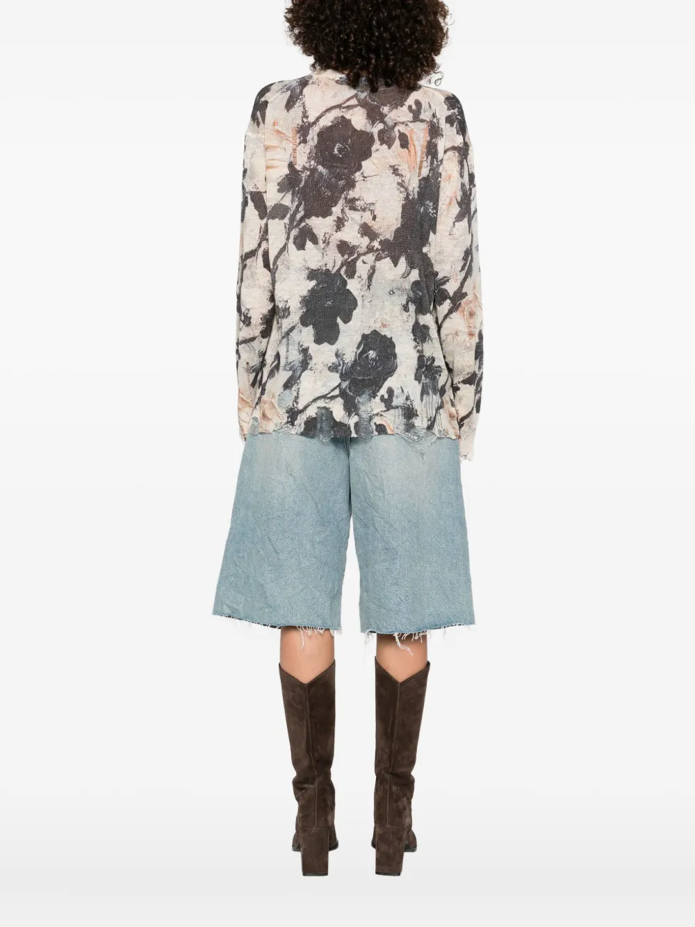 R13 Floral-print Frayed Cardigan