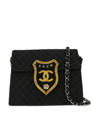 CHANEL Pre-Owned 2002 Coco-Print Double Flap Shoulder Bag | Black