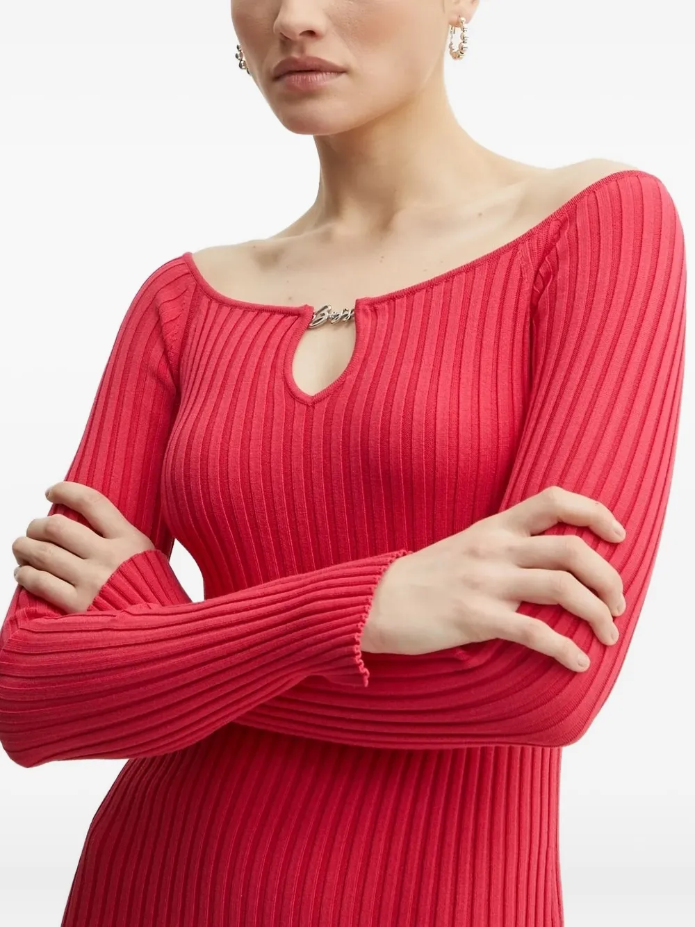 Hugo Boss Ribbed Keyhole Midi Dress In Pink