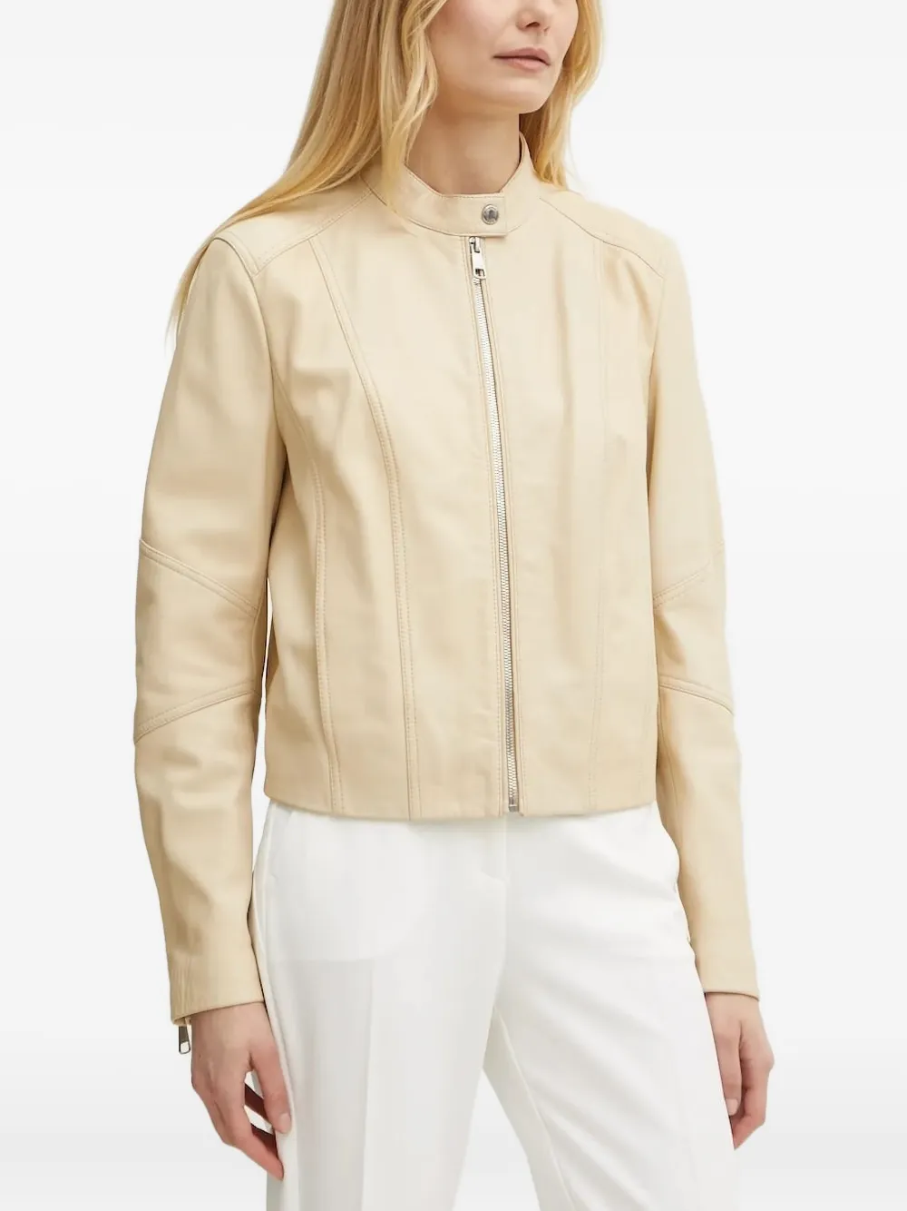 Hugo Boss Zip-front Leather Jacket In Neutral