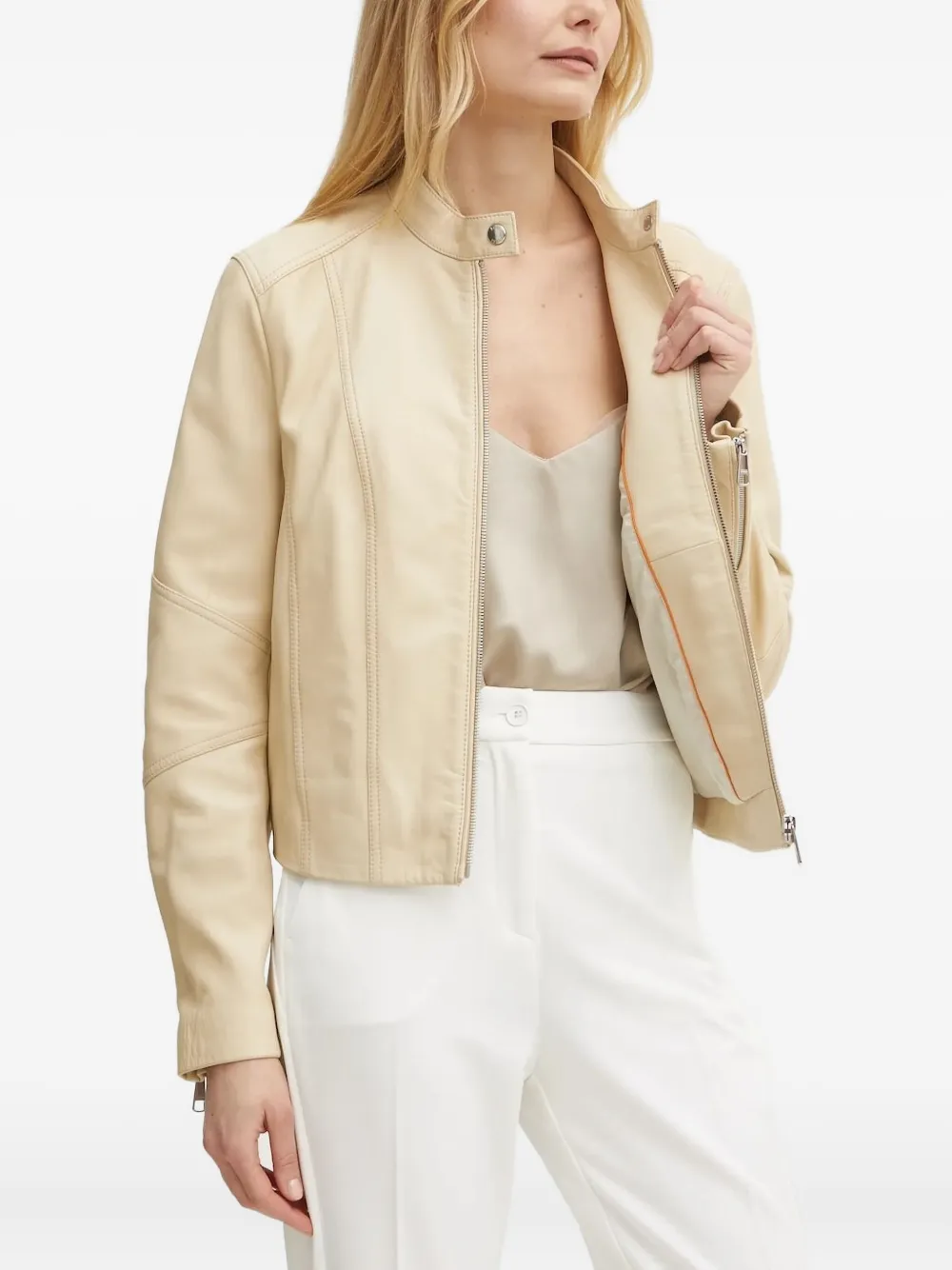 Hugo Boss Zip-front Leather Jacket In Neutral