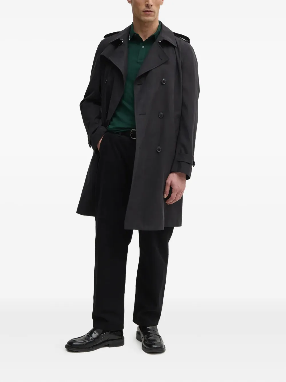 Hugo Boss Belted Double-breasted Trench Coat In Black