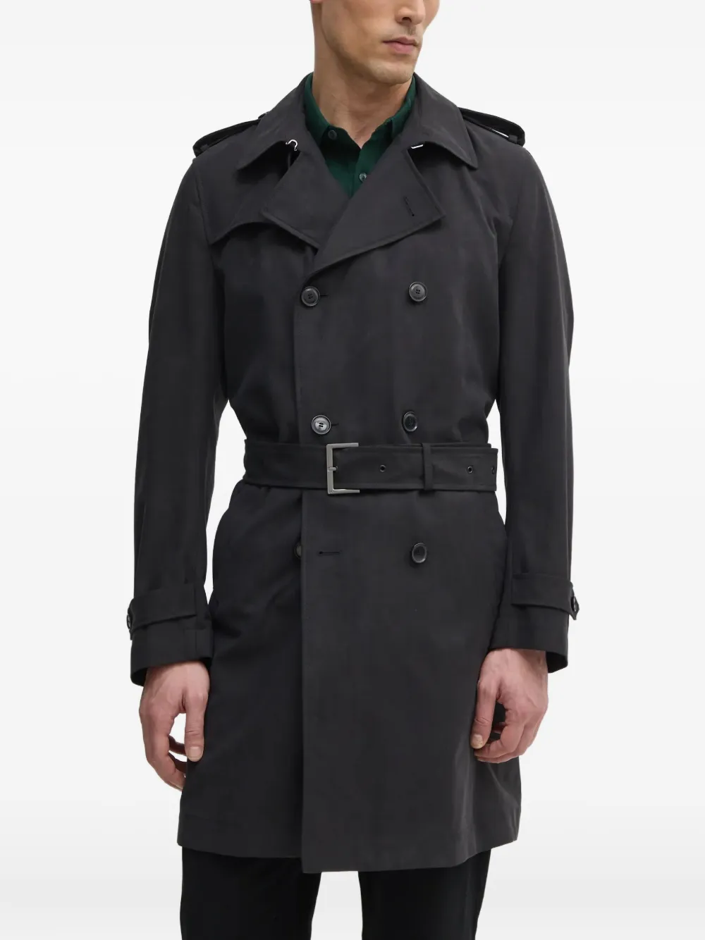 Hugo Boss Belted Double-breasted Trench Coat In Black