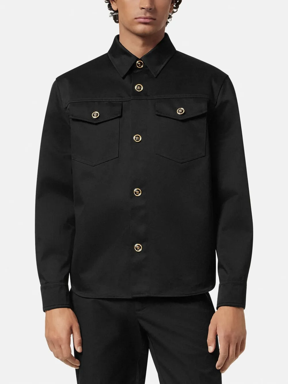 Versace Gabardine Shirt With Chest Pockets And Cuffed Sleeves In Black