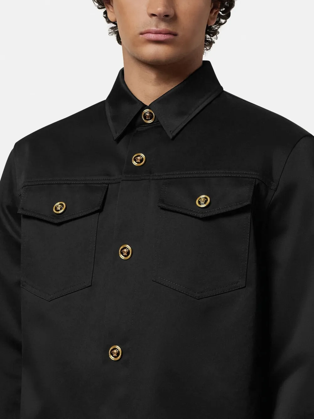 Versace Gabardine Shirt With Chest Pockets And Cuffed Sleeves In Black