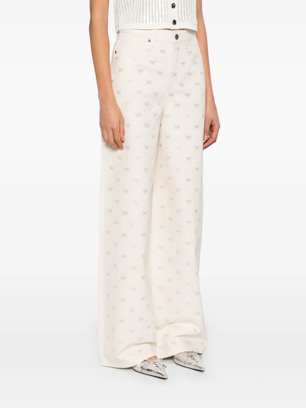 Shop Self-portrait Bow-embellished Jeans In Neutrals
