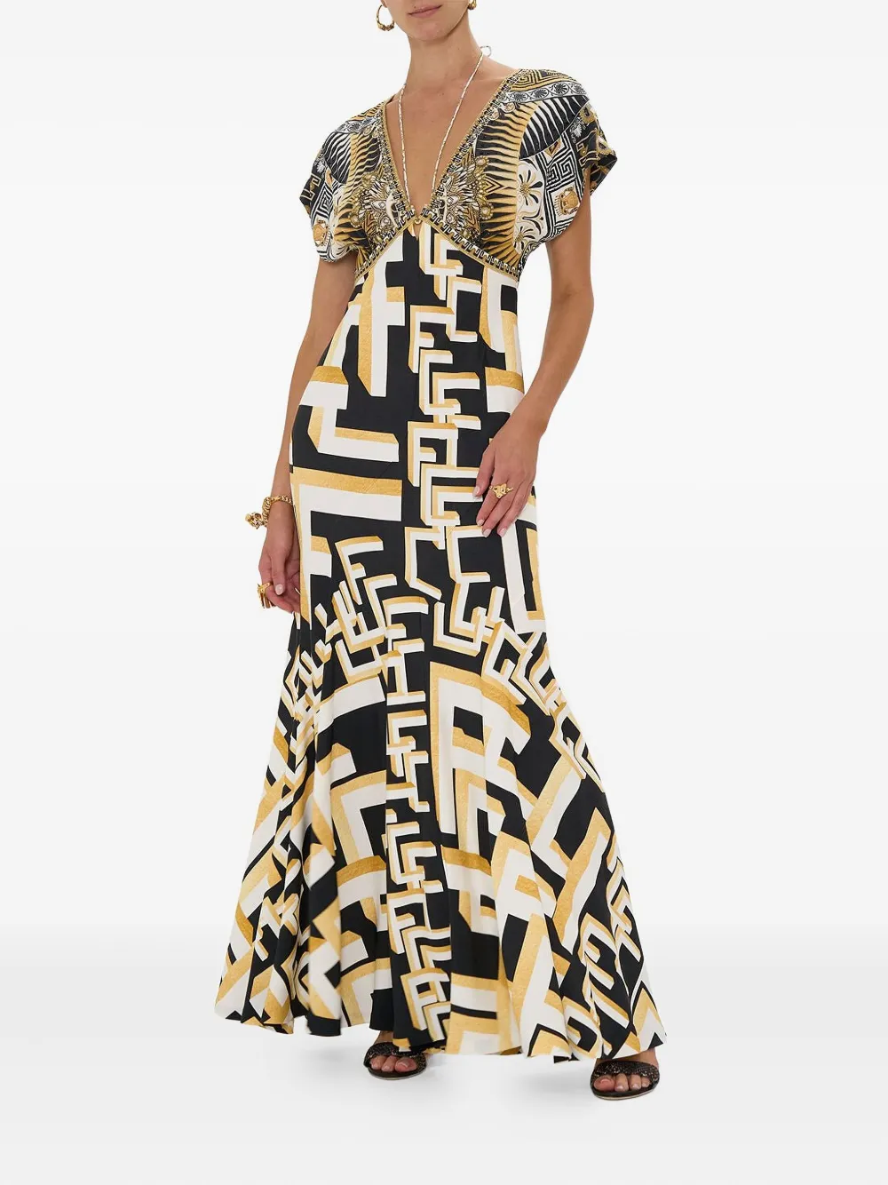 Camilla V-neck long dress - Zwart