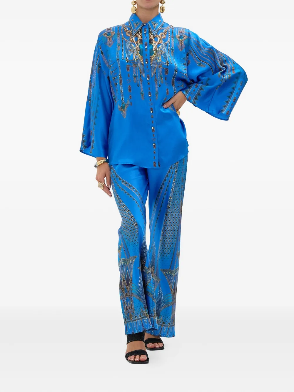 Camilla silk wide-sleeve shirt - Blauw