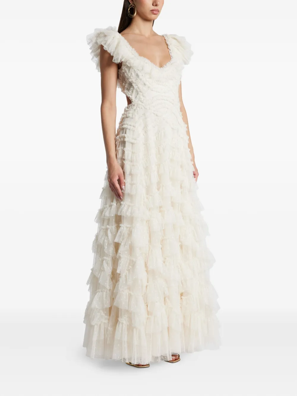 Needle & Thread Jurk met tulen vlakken Beige