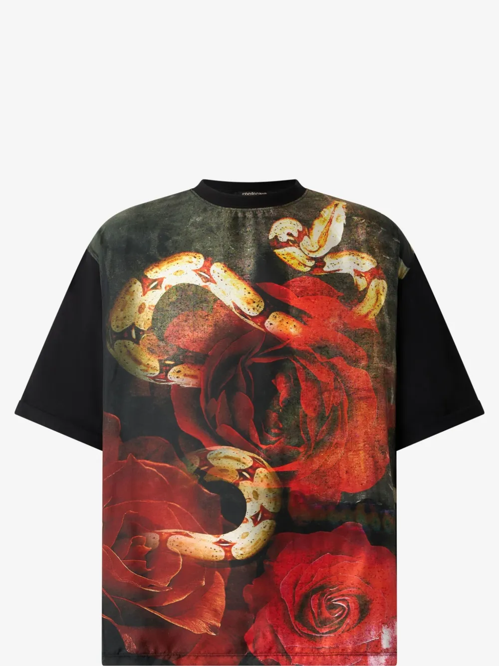Roberto Cavalli T-shirt With Rose And Snake Print In Black