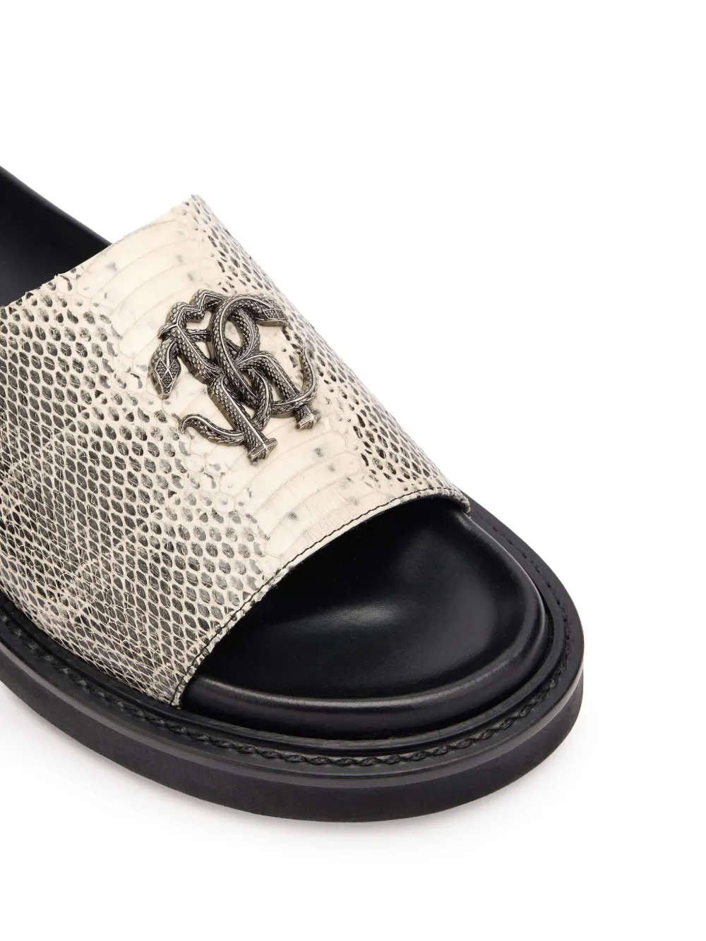 Roberto Cavalli Snake slippers met monogram Beige