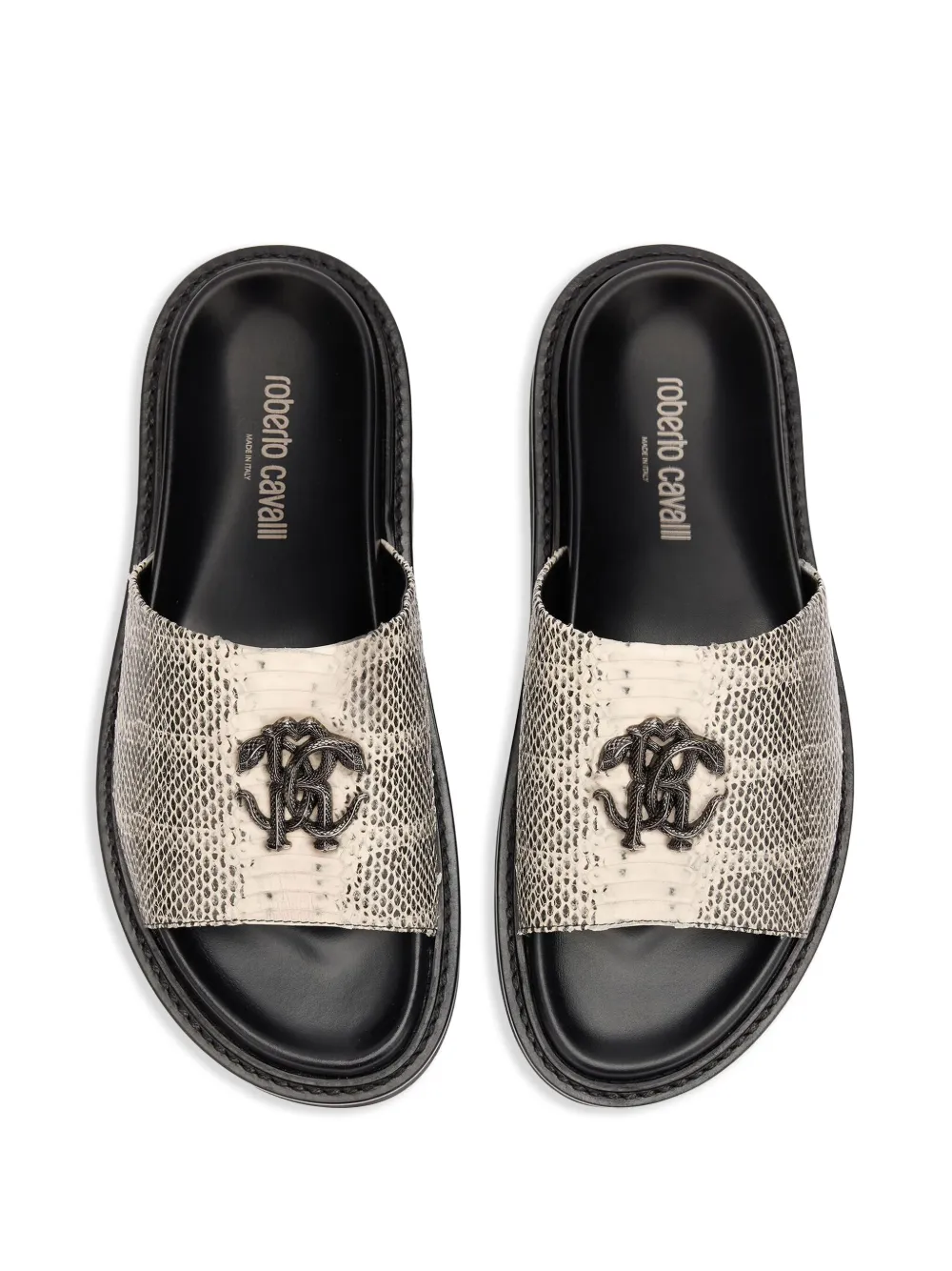 Roberto Cavalli Snake slippers met monogram Beige