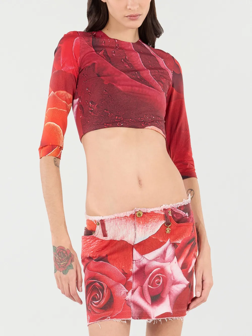 Shop Roberto Cavalli Rose-print T-shirt In Red