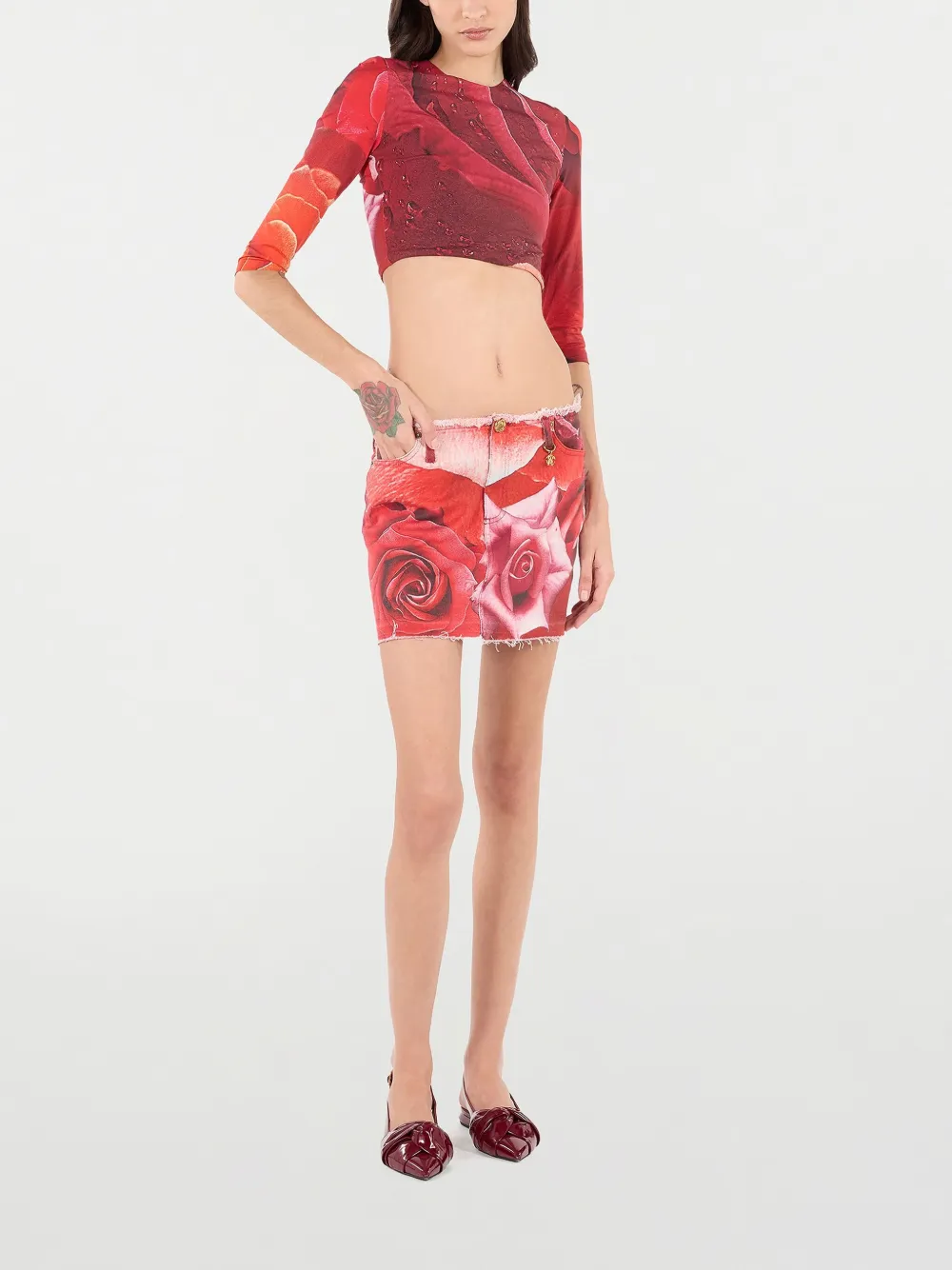 Shop Roberto Cavalli Rose-print T-shirt In Red