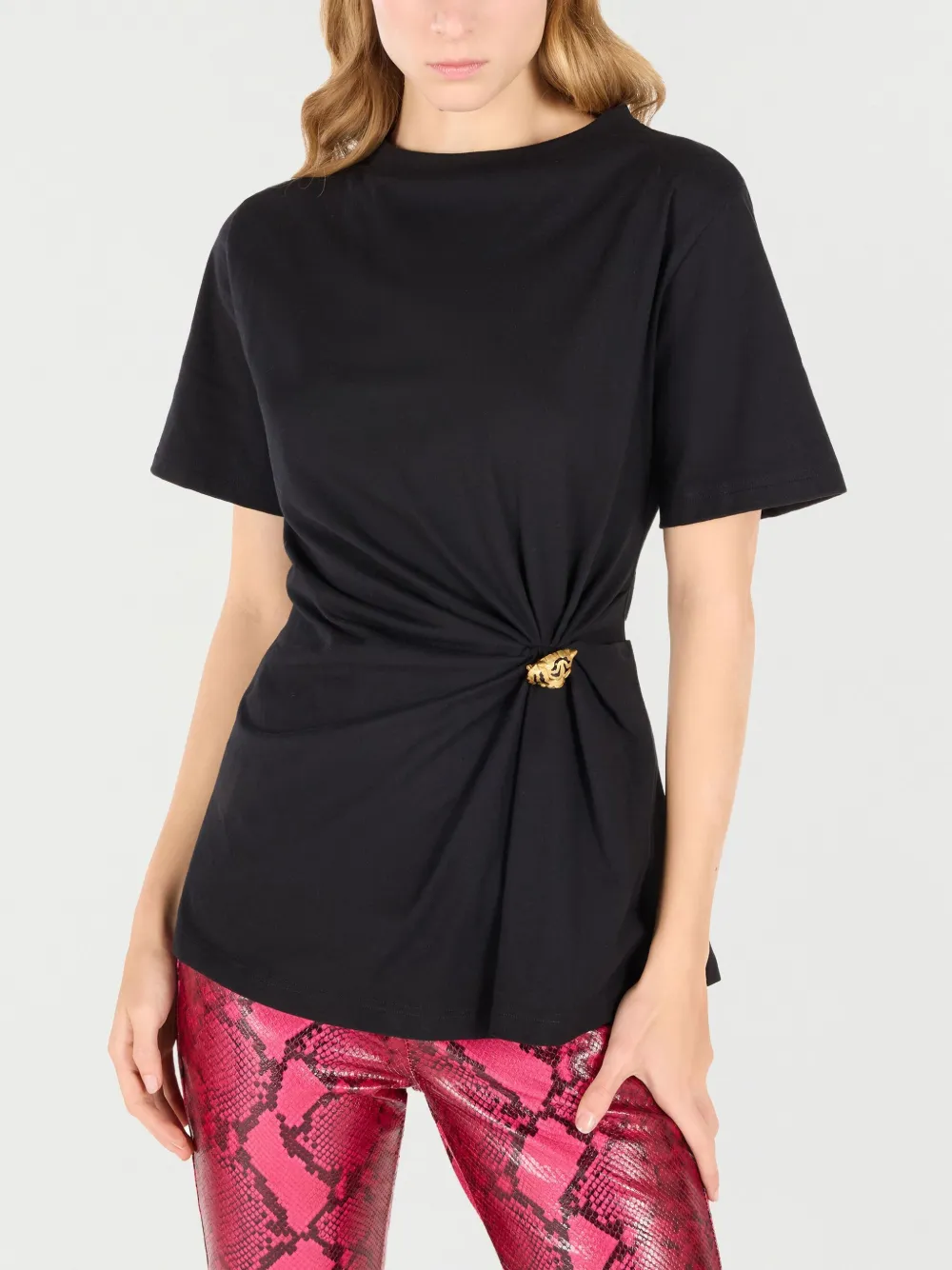 Roberto Cavalli T-shirt met tijgerkop broche Zwart