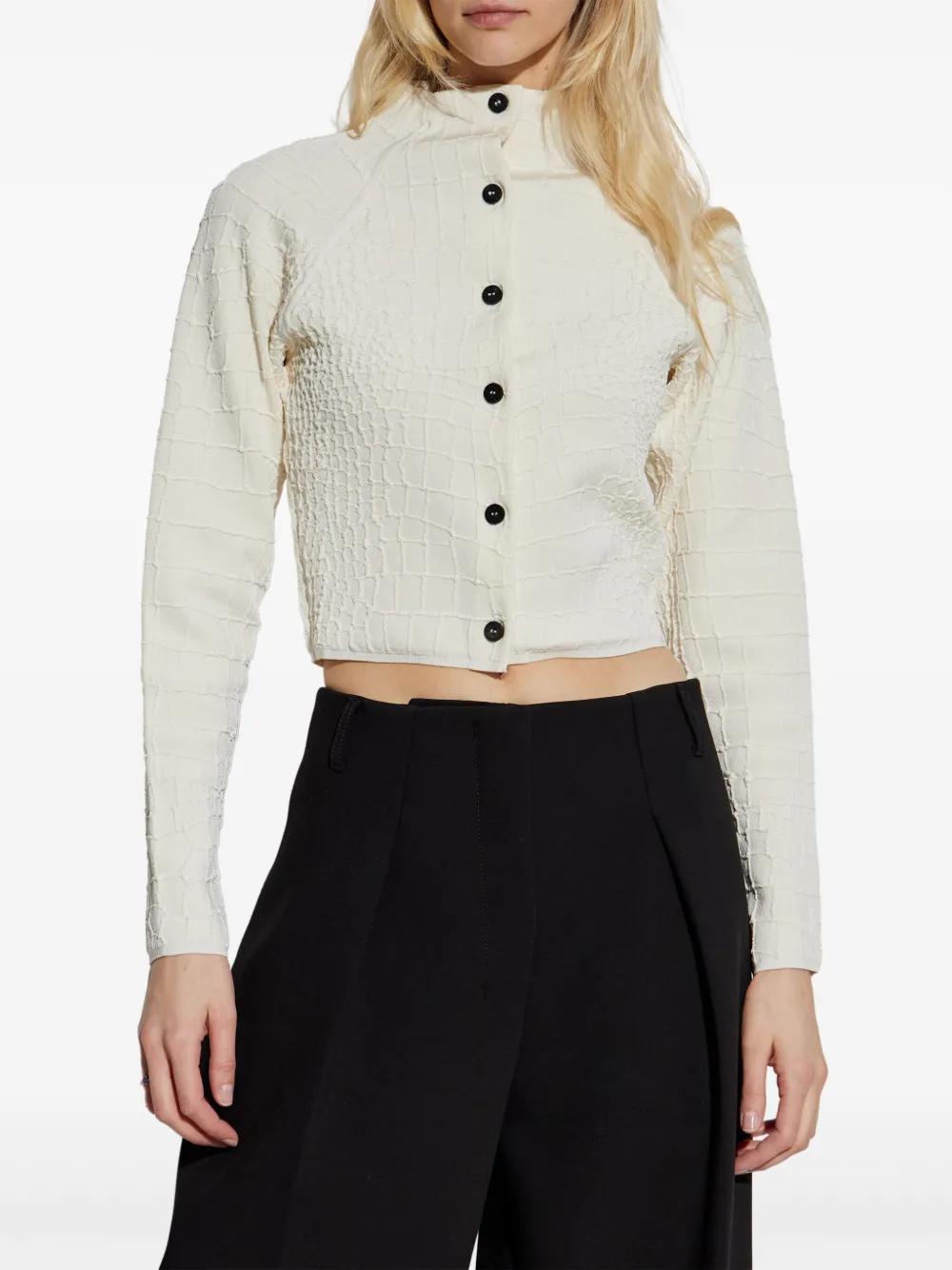 Jacquemus Womens Off-white The Scala Croc-embossed Woven-stretch Cardigan In White