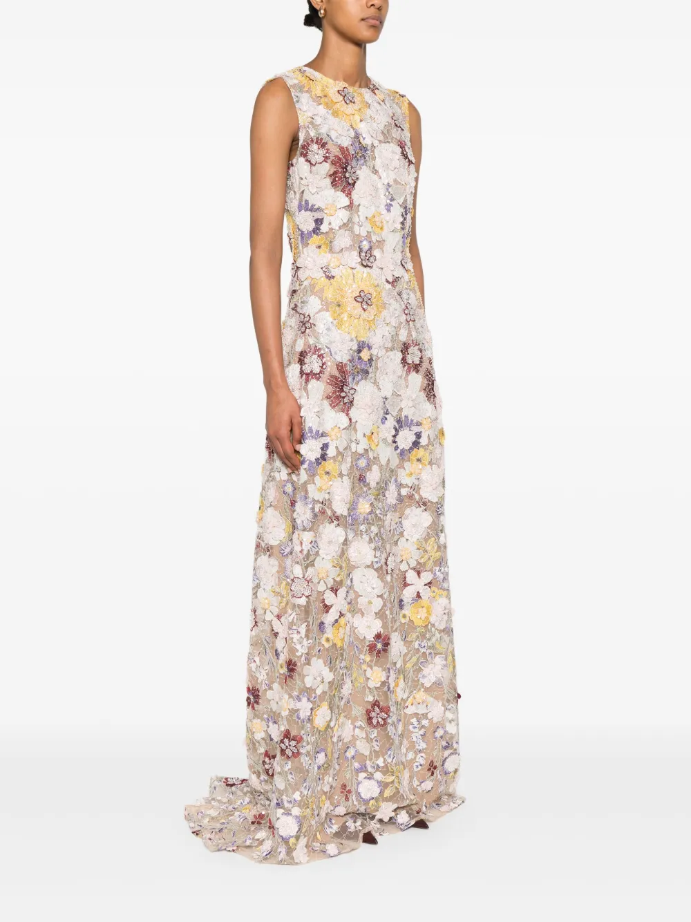 COSTARELLOS FLORAL-EMBROIDERED GOWN 