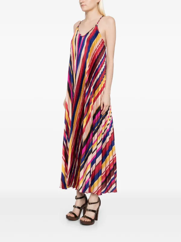 FARM Rio diagonal-stripes Pleated Midi Dress | Red | FARFETCH