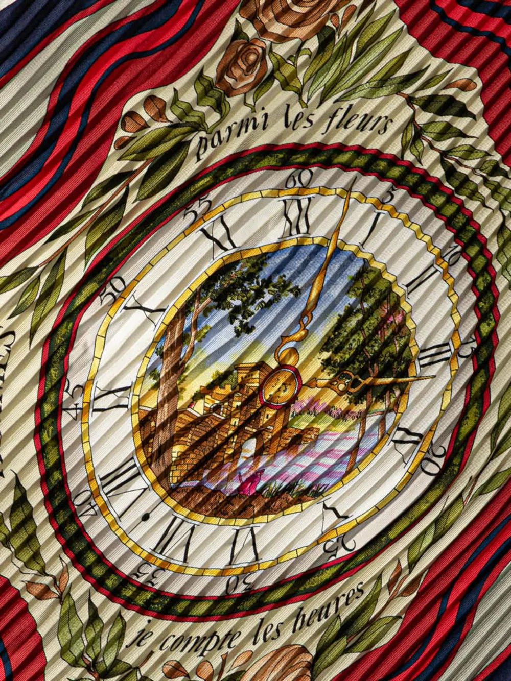 Pre-owned Hermes 20th Century Parmi Les Fleurs Je Compte Les Heures Plisse Silk Scarf Scarves In Blue