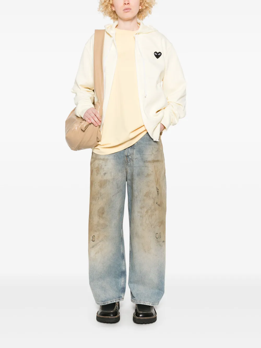 Shop Comme Des Garçons Play Large Heart-print Zip-up Hoodie In Neutrals