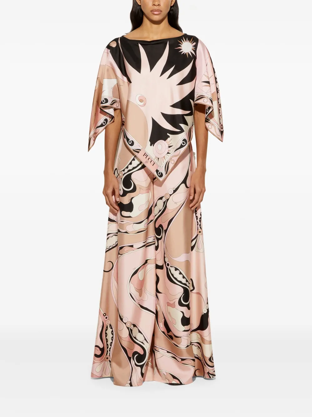 Emilio Pucci Orchidee-print Silk Twill Wide-leg Pants In Nude