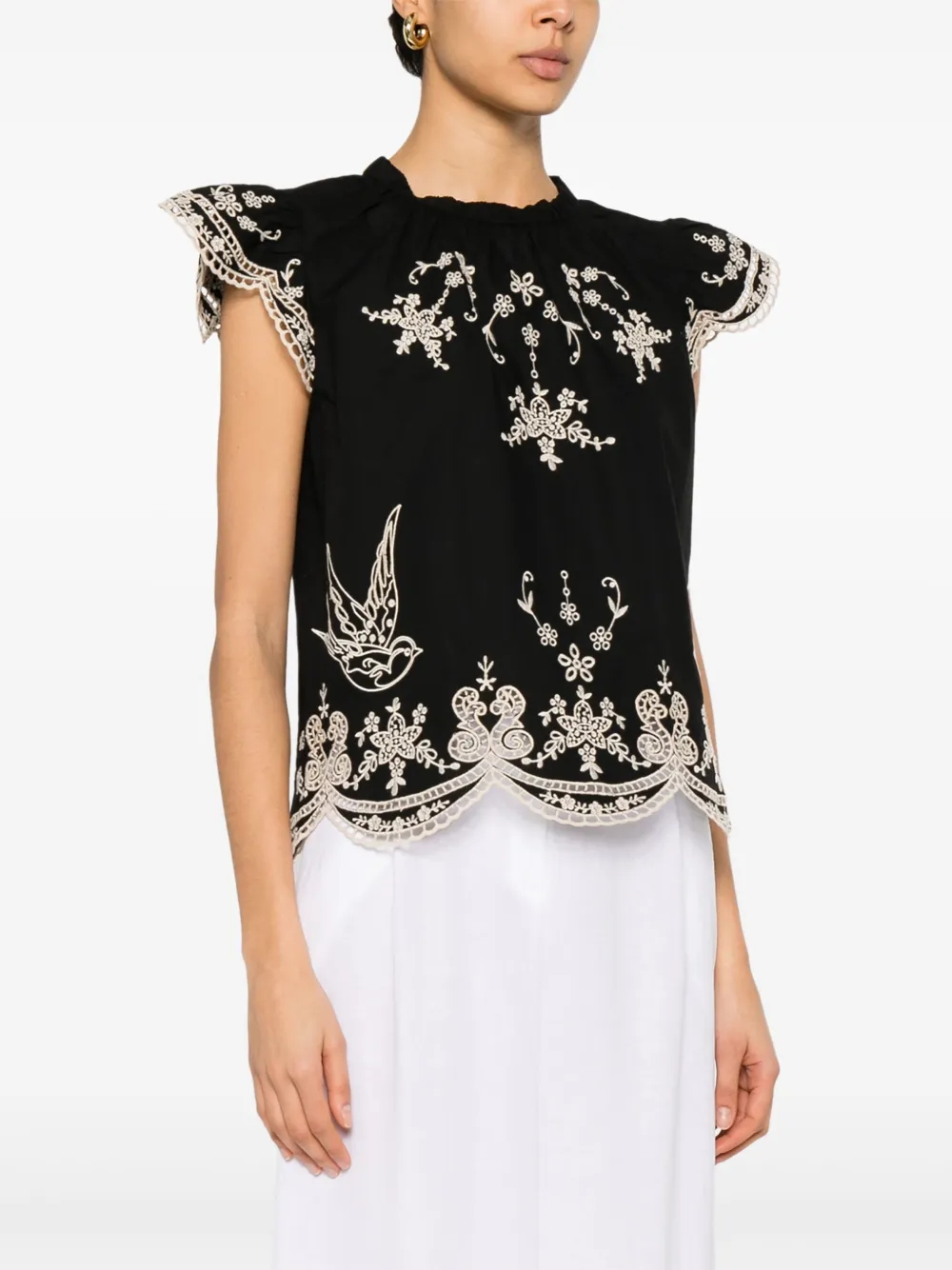 Sea Kingsley Embroidered Flutter Sleeve Top In Black