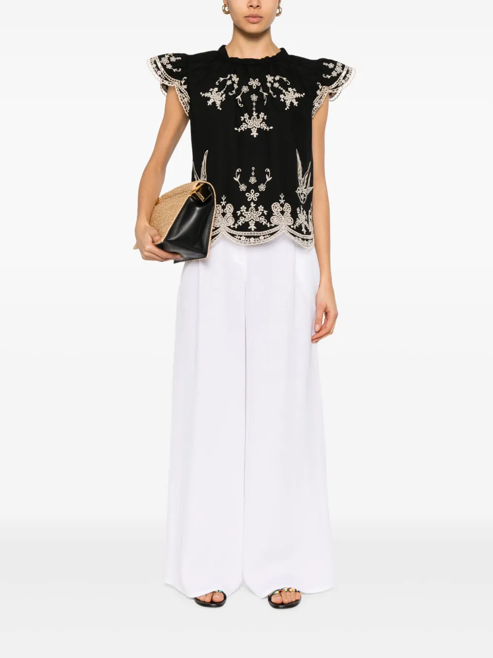 Sea Kingsley Embroidered Flutter Sleeve Top In Black