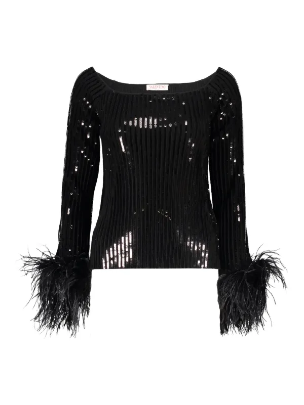 Valentino Garavani Sequin Feather-trim Top in Black