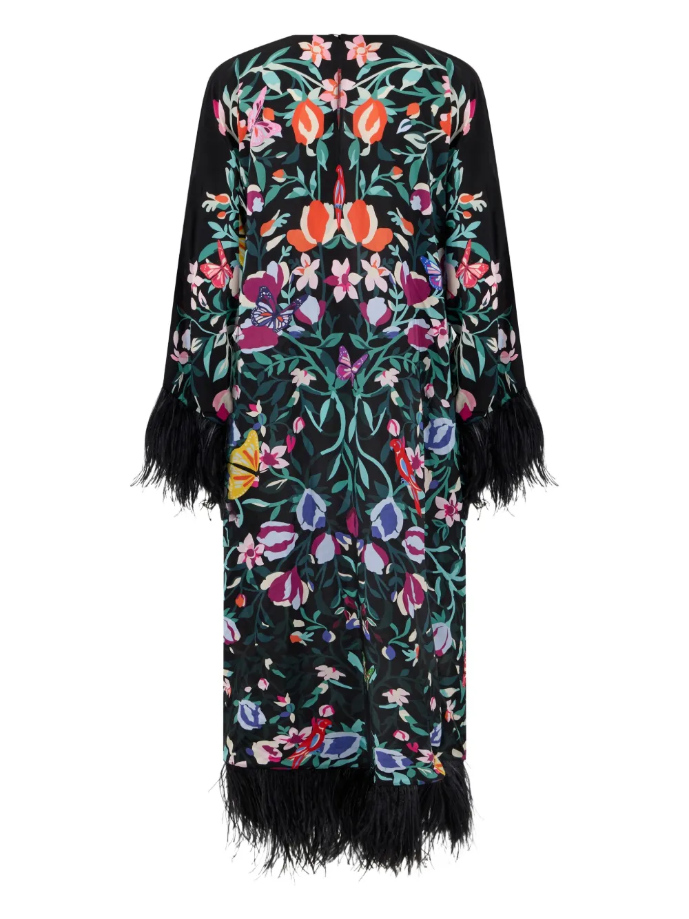 Valentino Garavani feather-trim floral dress - Zwart