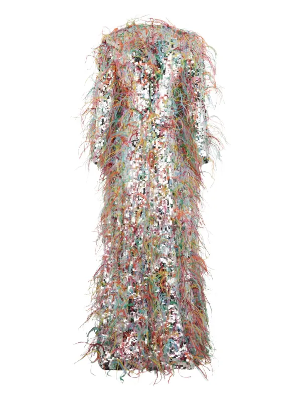 Valentino Garavani Sequin And Feather Trim Midi Dress - Silver