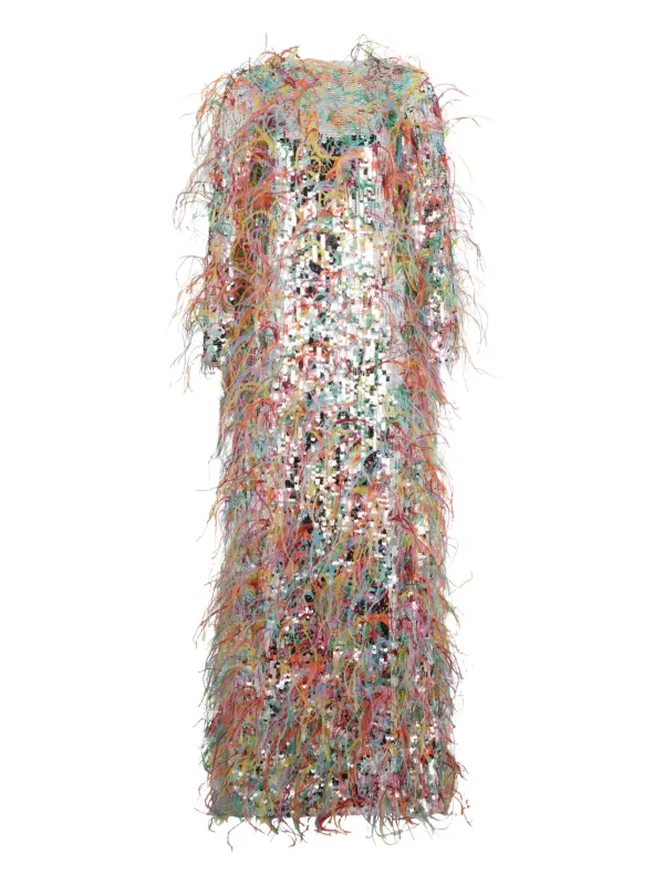Valentino Garavani Sequin And Feather Trim Midi Dress - Silver Valentino Garavani Sequin And Feather Trim Midi Dress - Silver