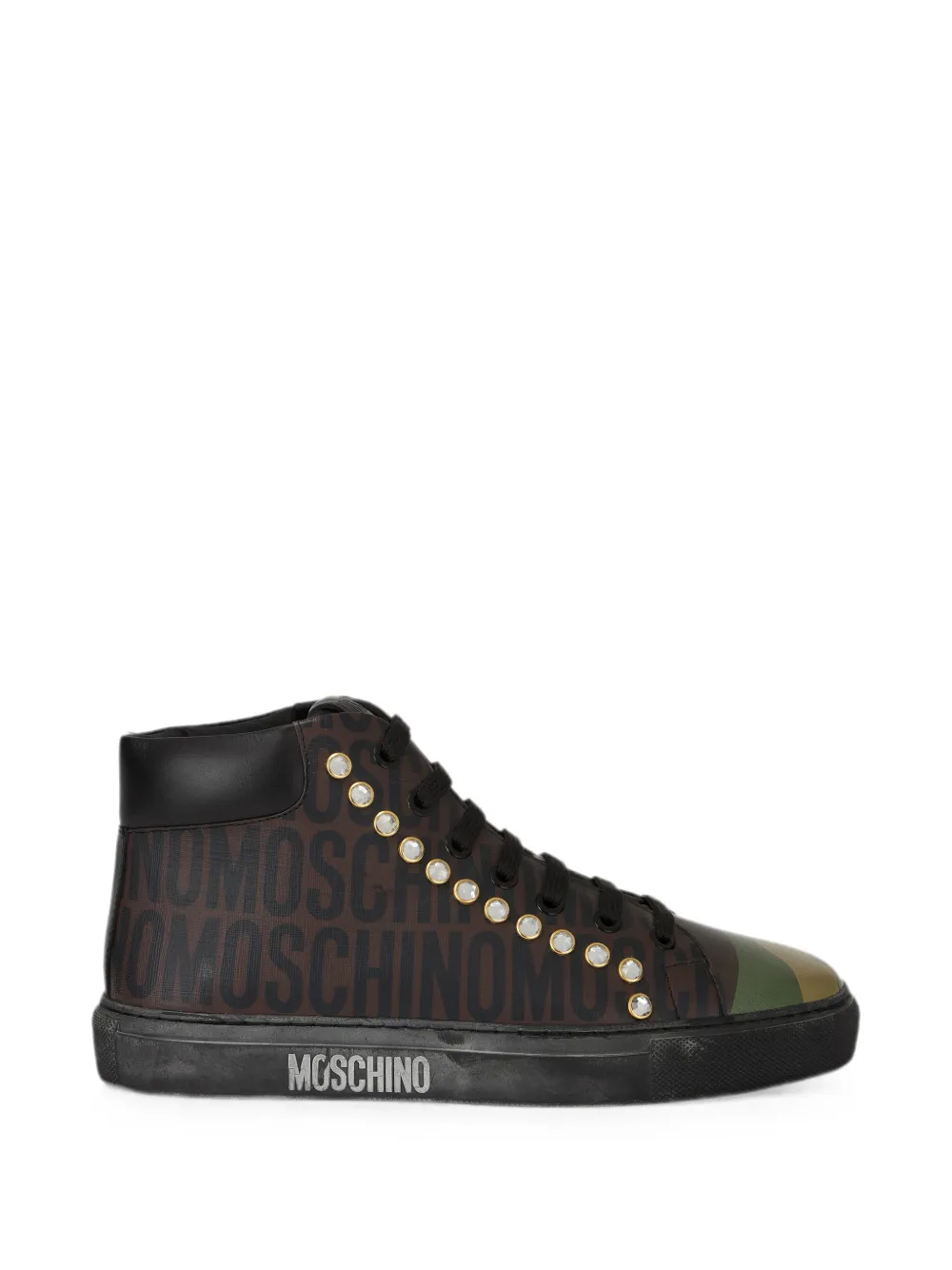 Moschino Logo-print Crystal-embellished Sneakers In Brown