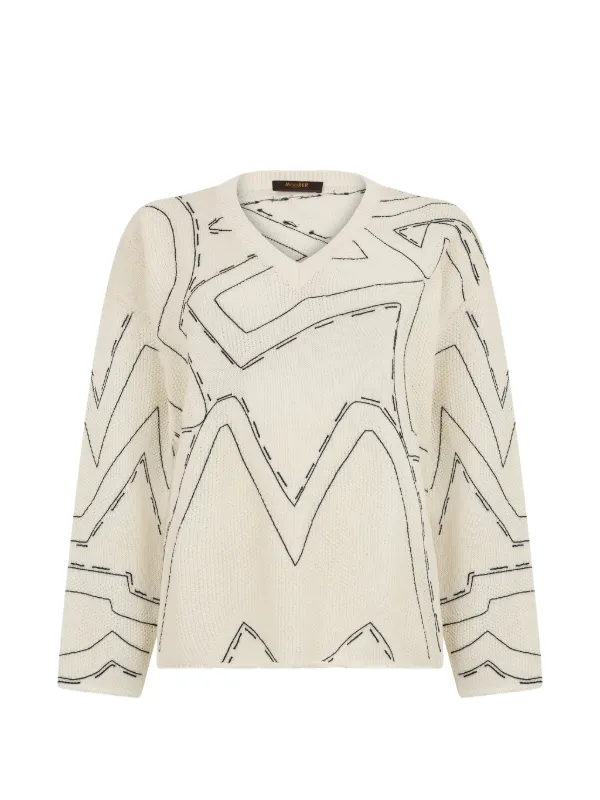 Moorer Geometric-pattern V-neck Sweater in Neutrals