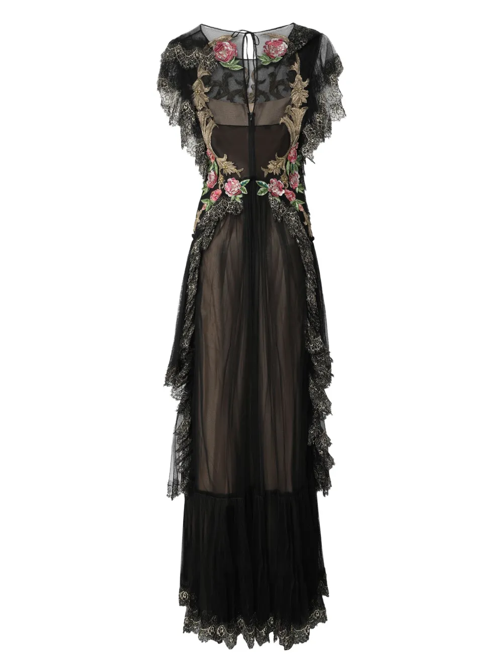 Alberta Ferretti floral-embroidered ruffled maxi dress - Zwart