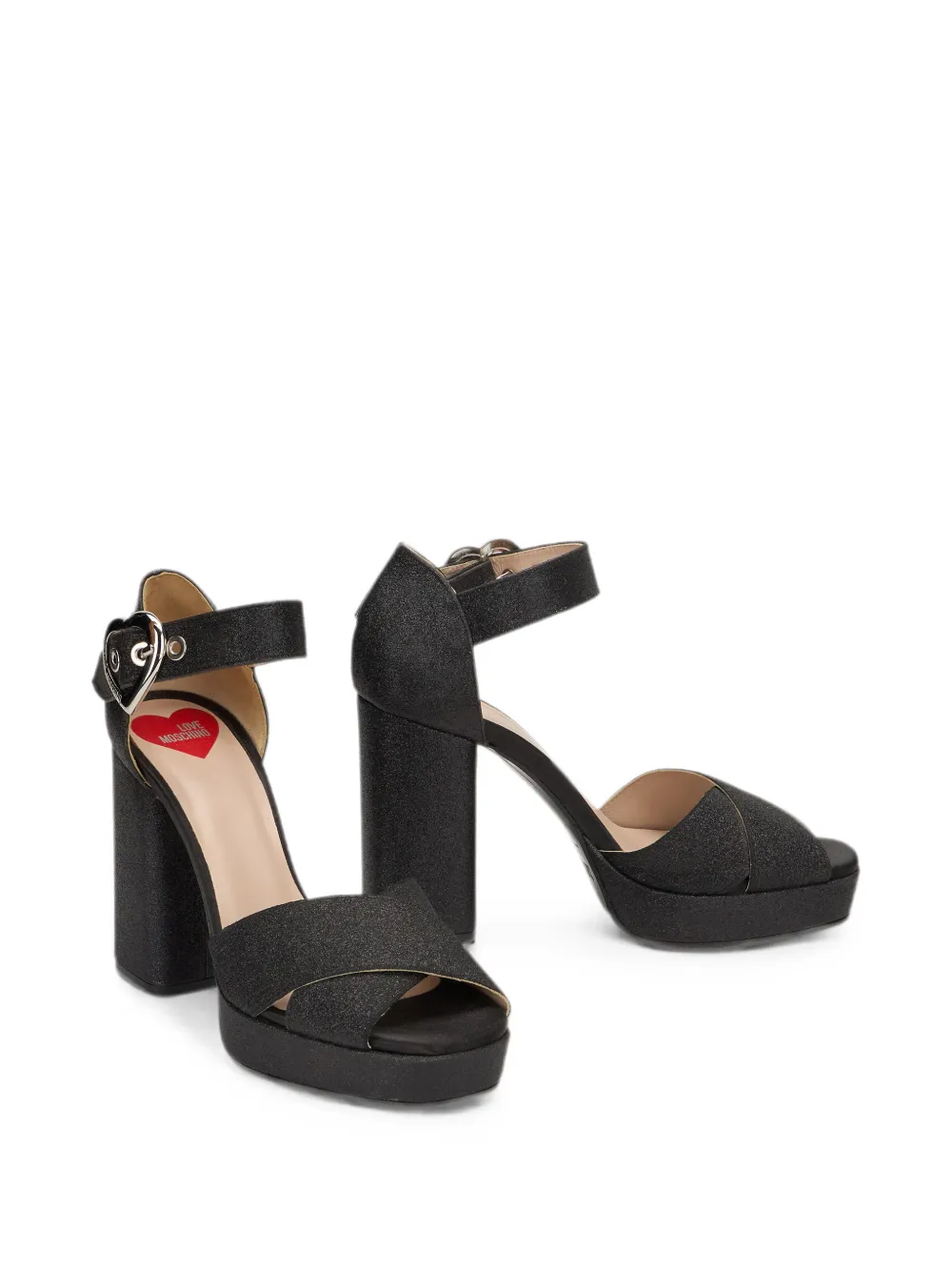 Moschino glitter-effect heart-buckle sandals Zwart