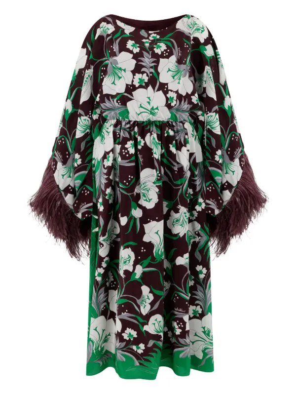 Valentino Garavani feather-trim Floral Dress | Brown | FARFETCH Valentino Garavani feather-trim Floral Dress | Brown | FARFETCH