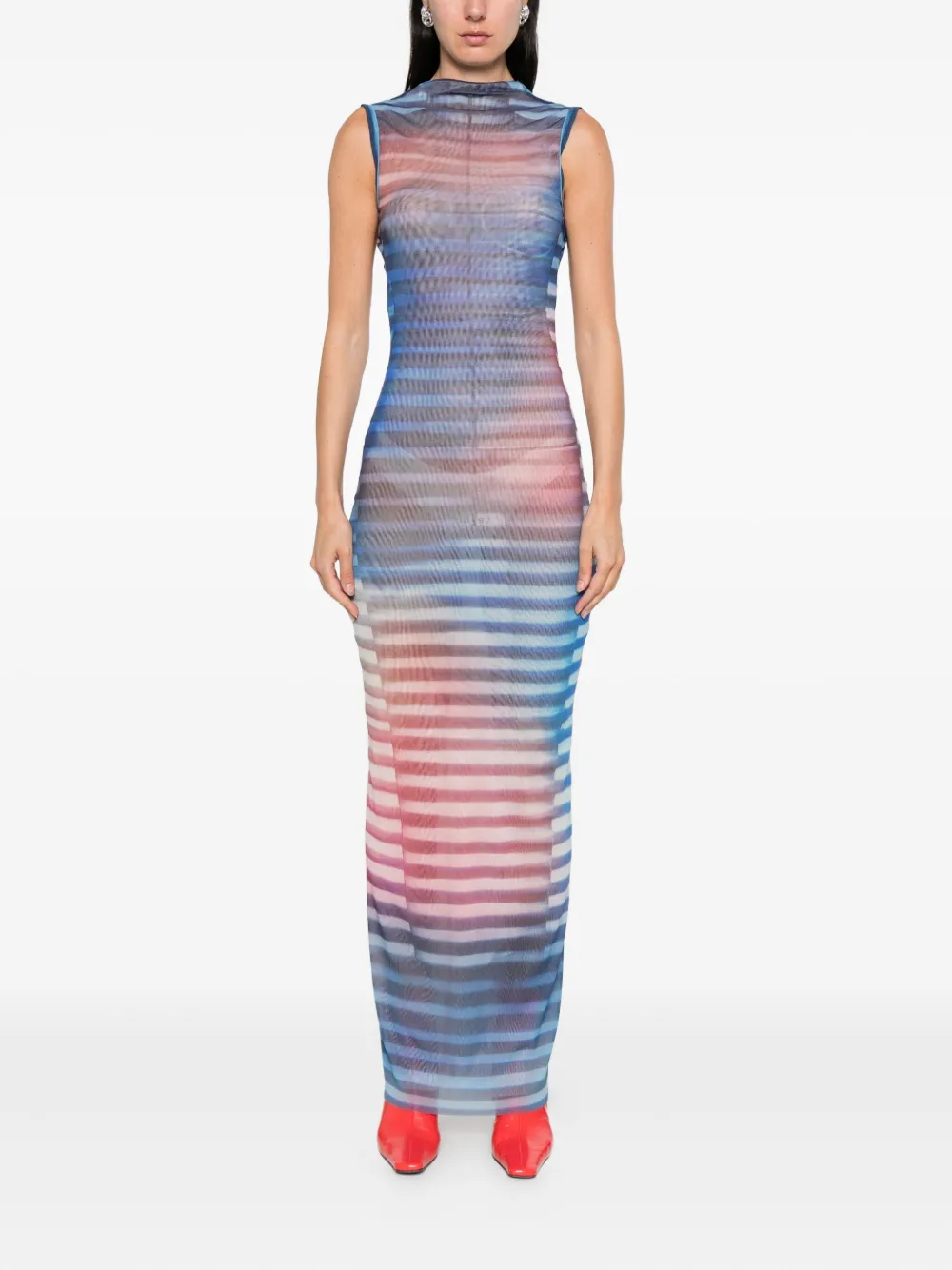 Jean Paul Gaultier Long Striped Dress High Neckline In Blue