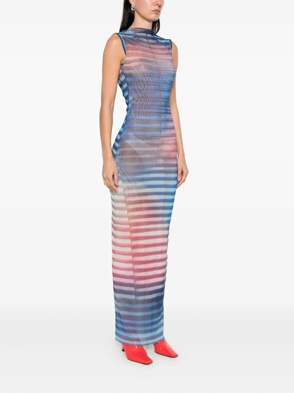 Jean Paul Gaultier Long Striped Dress High Neckline In Blue