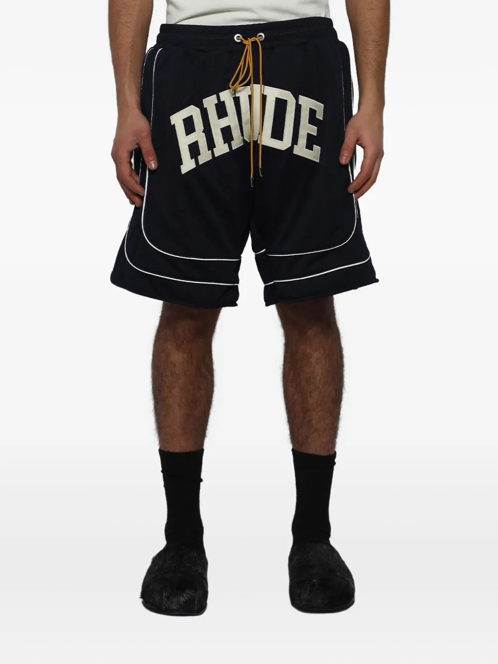 Rhude Collegiate Logo-print Mesh Shorts In Black