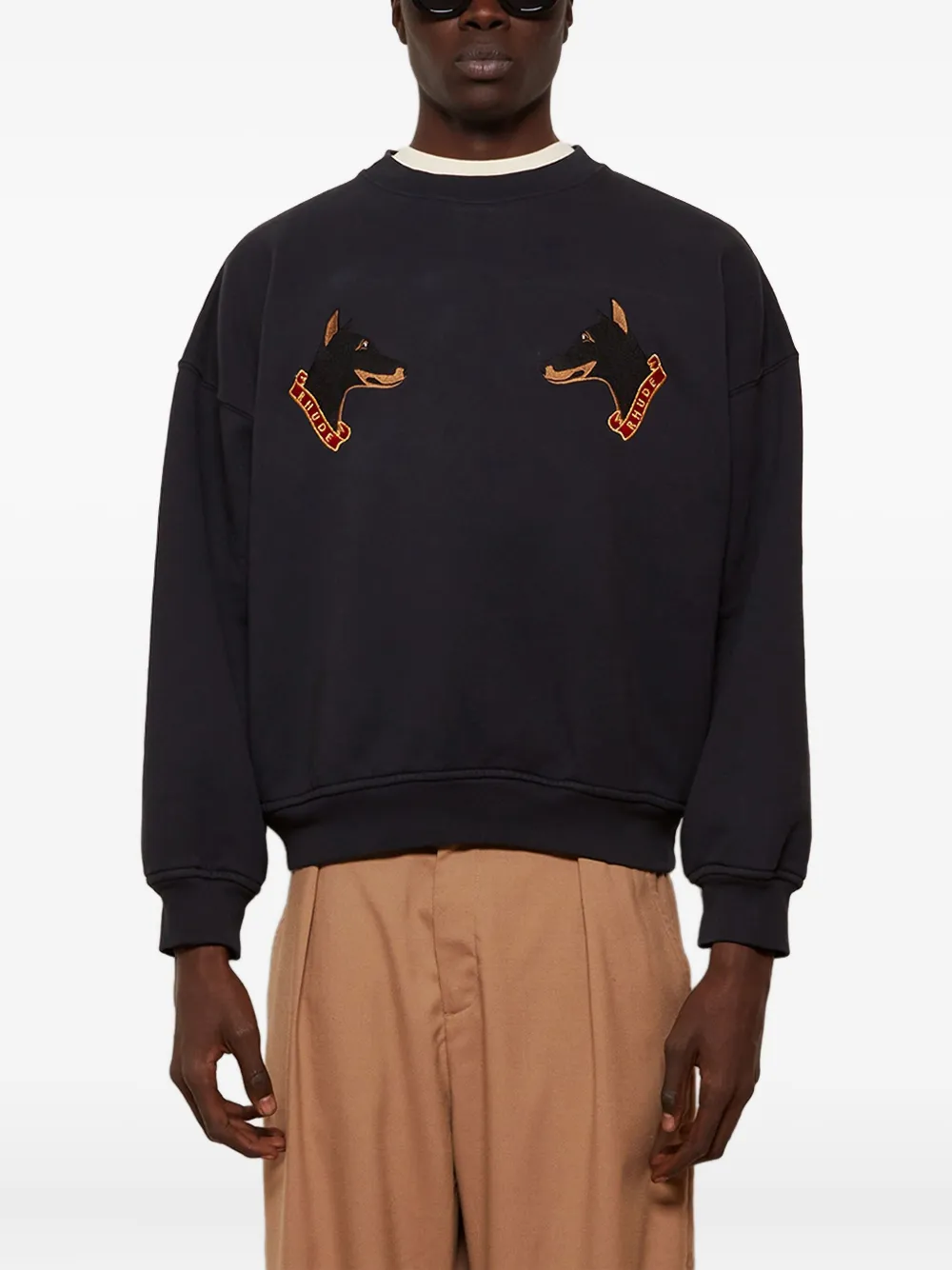 RHUDE dog-embroidered crew-neck sweatshirt Zwart