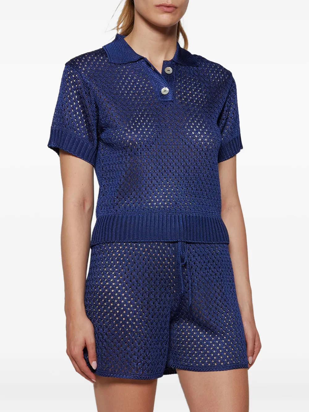 Calle Del Mar Open-knit Polo Top In Blue