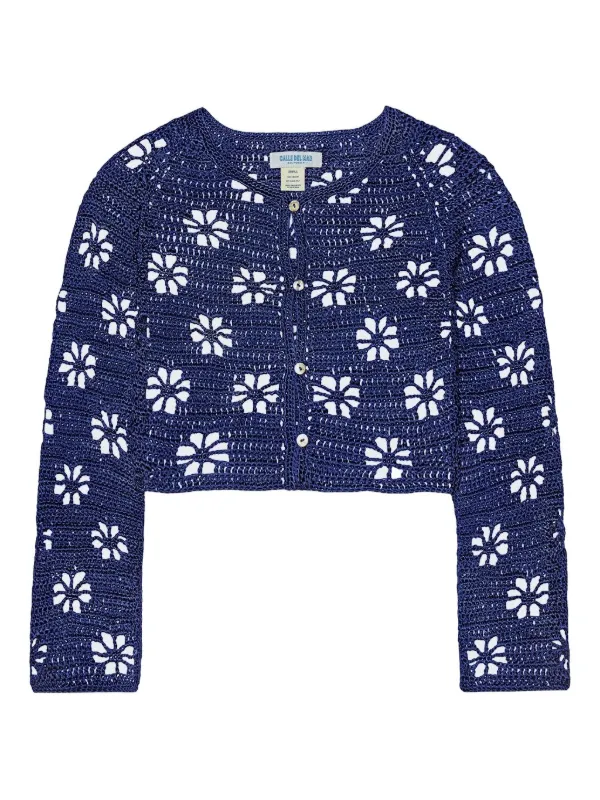Calle Del Mar Floral Crochet Cardigan in Blue