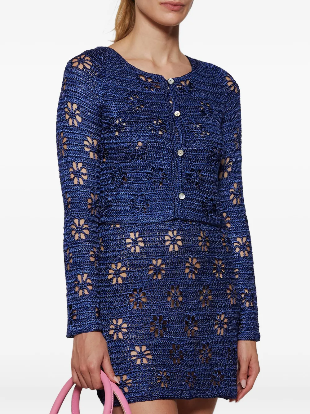Calle Del Mar Floral Crochet Cardigan In Blue